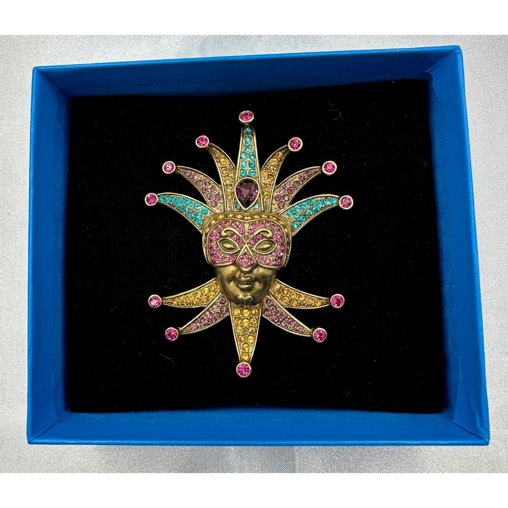 Vintage Heidi Daus Mardi Gras Jester Mask Brooch Pin Crystal Venetian Carnival